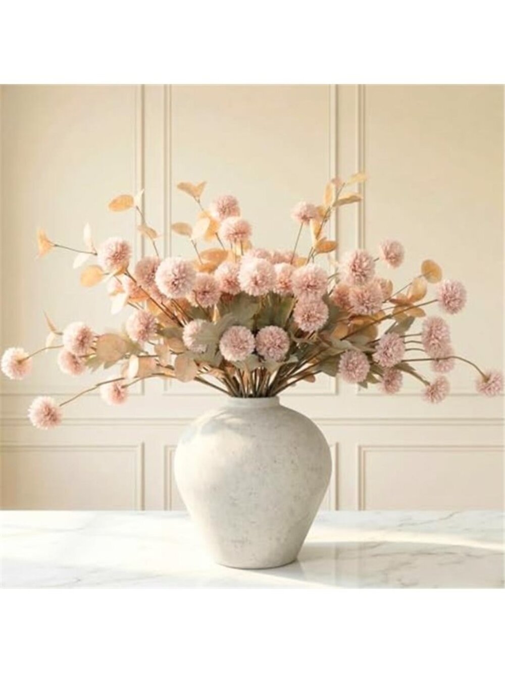 New Artificial Flowers for Vase - Beige Silk Mums 10 Long Stems with Eucalyptus